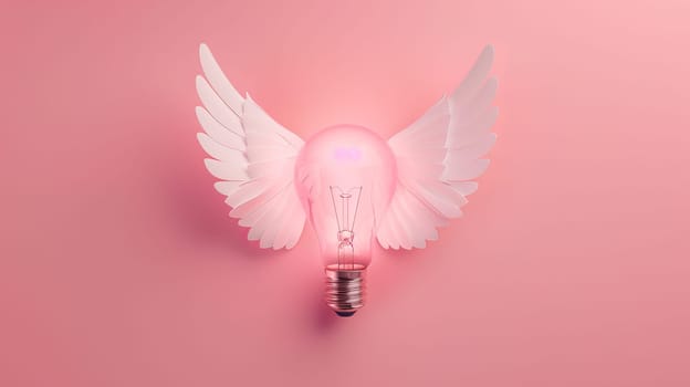 Light bulb with angel wings on pink background, creativity and innovation concept.