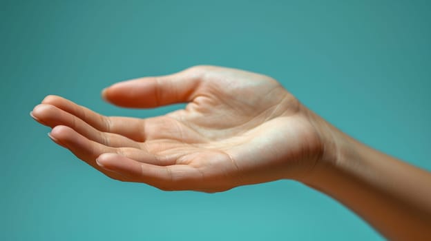 Open hand against blue background, close-up view. Gesture and human body concept.