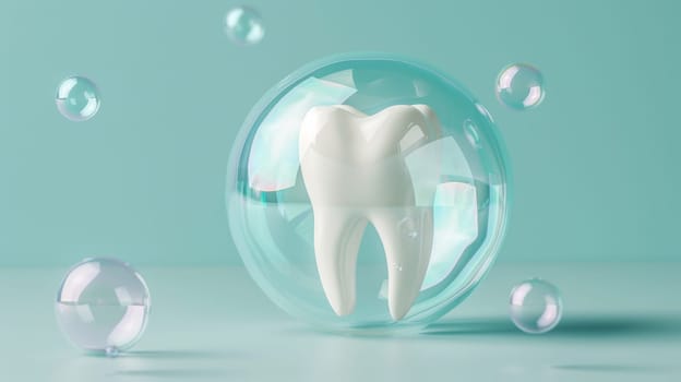Tooth encased in a bubble with smaller bubbles floating around on a teal background. Dental hygiene and cleanliness concept.