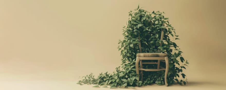 Chair covered with a lush green vine plant against a beige background, studio shot. Nature and interior design concept.