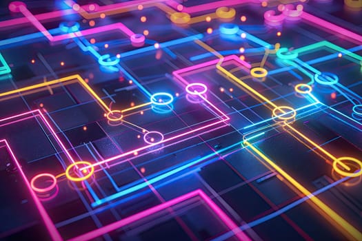 Projects Connected with Bright Lights, Neon Flowchart.