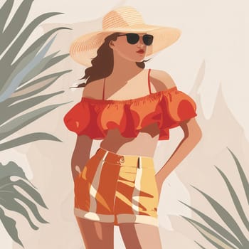 A woman in a vibrant summer outfit stands confidently against a backdrop of lush tropical greenery, enjoying the warm sunshine.