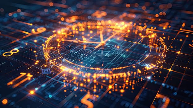 Clock Face with Rapidly Moving Hands and Illuminated Grid Matrix Showing Resource Allocation, Time Management Concept.