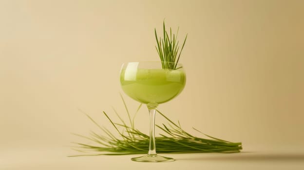 Green matcha cocktail in a glass with grass garnish on beige background. Refreshing beverage concept.