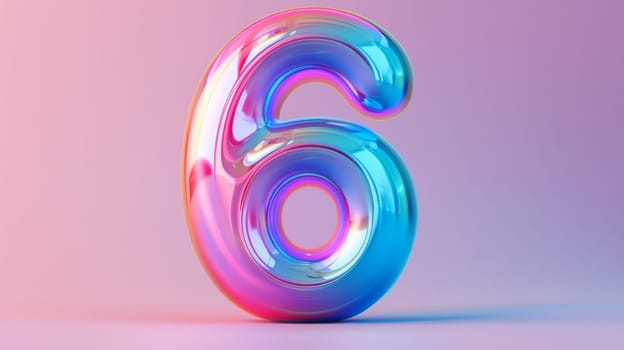 Number 6 six in glossy colorful 3D design, isolated on pink background. Vibrant modern art concept.