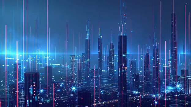 City Skyline Illuminated by Glowing Lines Representing Project Prioritization and Impact, Urban Resource Allocation.