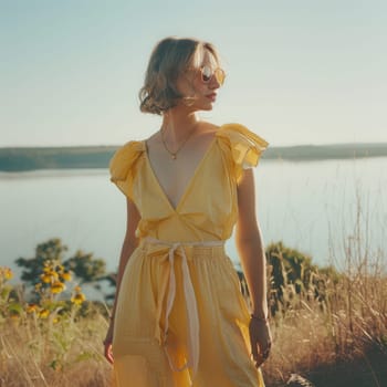 A woman stands by the water, wearing a yellow summer outfit, basking in the sun on a beautiful day surrounded by nature.