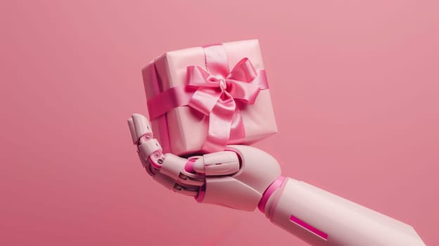 Robot hand holding a gift box with pink ribbon on pink background. Modern technology and celebration concept.