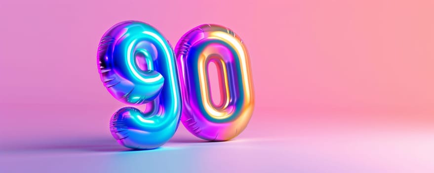 Colorful balloon number 90 on pink and blue gradient background. Celebration and anniversary concept.