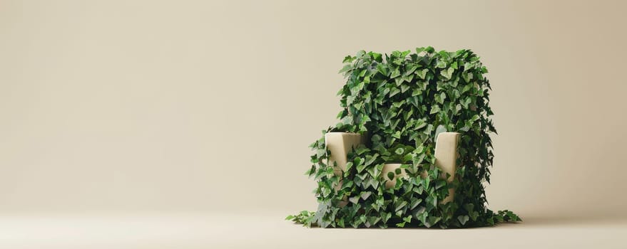 Chair covered in ivy leaves in minimalistic beige room, eco-friendly design concept.