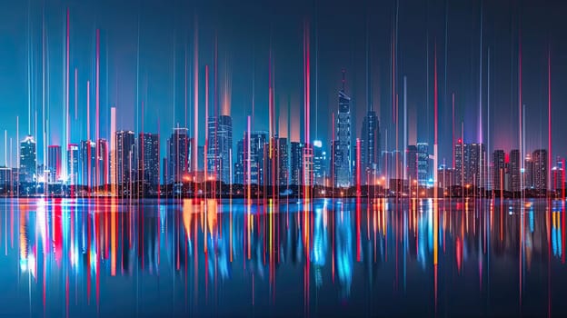 City Skyline Illuminated by Glowing Lines Representing Project Prioritization and Impact, Urban Resource Allocation.