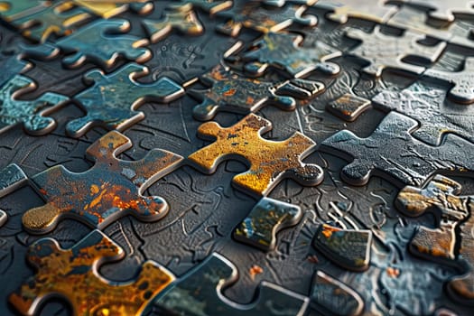 A puzzle, with pieces representing resources, is gradually assembled within a grid framework. The final piece, representing completion.
