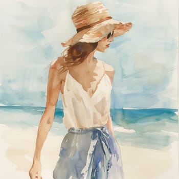 A woman strolls along the beach in a casual summer outfit, wearing a straw hat and sunglasses, embracing the warmth of the sunny day by the ocean.