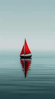 Red sailboat on a calm sea with reflection, serene waterscape. Tranquil and peaceful sailing concept.