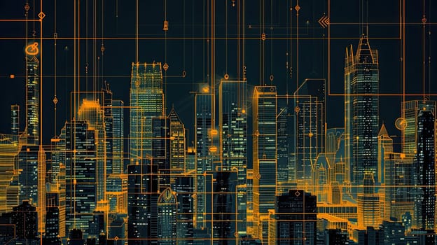 City Skyline Illuminated by Glowing Lines Representing Project Prioritization and Impact, Urban Resource Allocation.