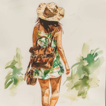 A woman strolls through vibrant greenery, showcasing her summer outfit and wide-brimmed hat, embodying a carefree, sunny day vibe.