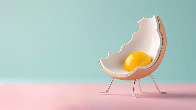 Egg chair on pastel background with yolk seat, creative concept.