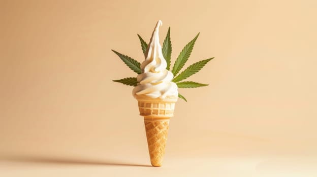 Vanilla ice cream cone with cannabis leaves on beige background, creative concept.