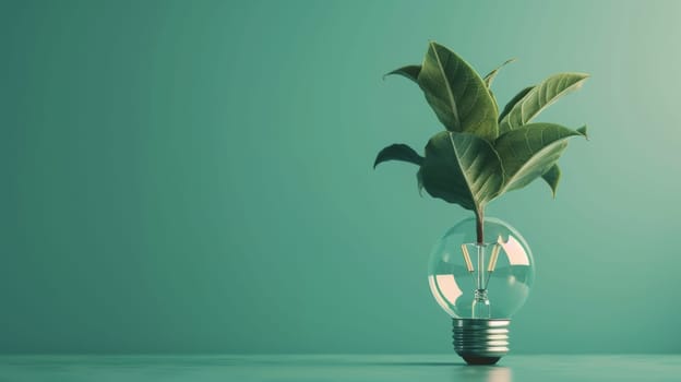 Light bulb with plant growing inside, green background. Eco energy and sustainability concept.