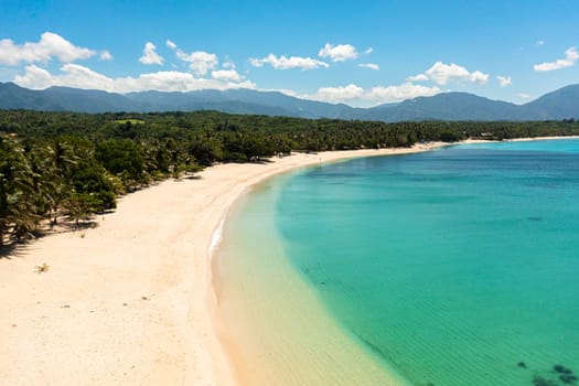 Beautiful beach, palm trees by turquoise water view from above. Pagudpud, Ilocos Norte Philippines