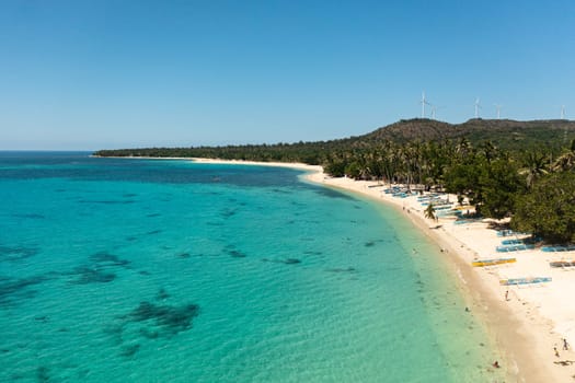Beautiful beach, palm trees by turquoise water view from above. Pagudpud, Ilocos Norte, Philippines.