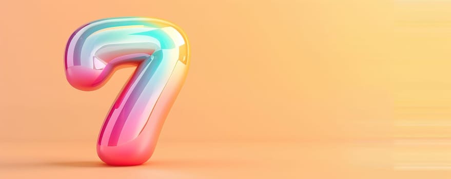 Colorful 3D balloon number 7 seven against gradient orange background.