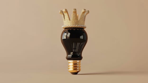 Black light bulb with golden crown on beige background, creative idea concept.