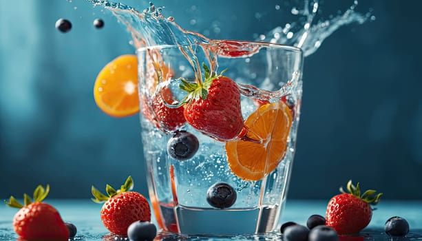 berries in water splash. Strawberries, oranges, blueberries in glass of fruit-infused water