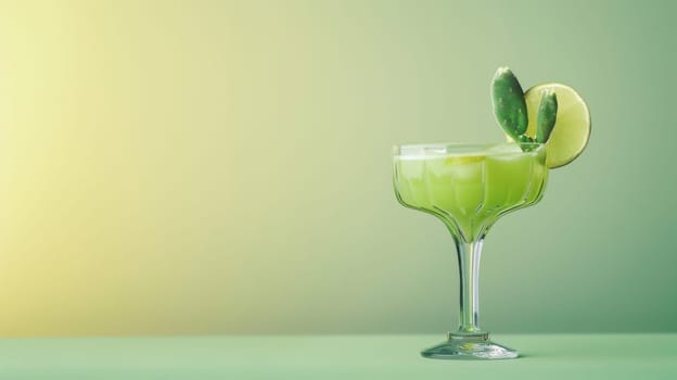 Green cocktail in a glass with lime garnish on a gradient yellow-green background, vibrant and refreshing drink concept.