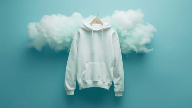 White hoodie on hanger with clouds in background, fashion concept.