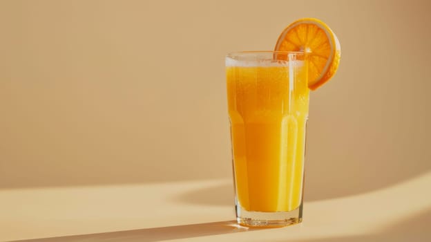 Glass of fresh orange juice with sliced orange on rim on beige background, still life. Refreshing beverage concept.