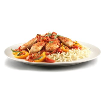 Chicken Cacciatore with braised chicken tomato sauce bell peppers and onions in motion with sauce. Food isolated on transparent background.