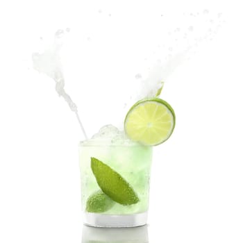 Frozen mojito slushy and minty with lime wedges and rum droplets swirling in a Cub. Food isolated on transparent background.