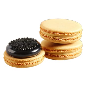 Caviar macaron black sturgeon roe sandwiched in delicate almond cookies in glass dish isolated on. Food isolated on transparent background.