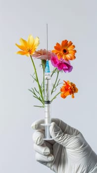 Hand in glove holding syringe with colorful flowers, nature and healthcare concept.