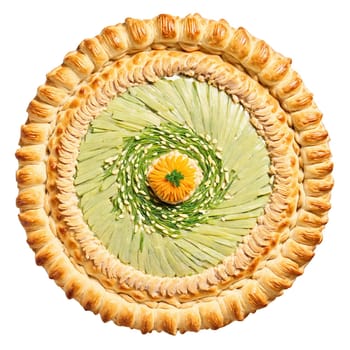 Chicken Pot Pie Mandala golden puff pastry crust with creamy chicken and vegetable filling spiraling. Food isolated on transparent background.