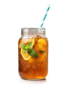 Sweet Tea Tall glass jar with ice sweetened tea and sprig of mint Southern staple. Drink isolated on transparent background.
