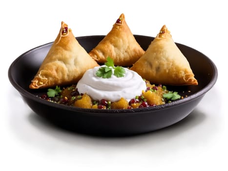 Samosa Chaat Crispy golden fried samosas topped with tangy chutneys yogurt and medley of fresh. Food isolated on transparent background.