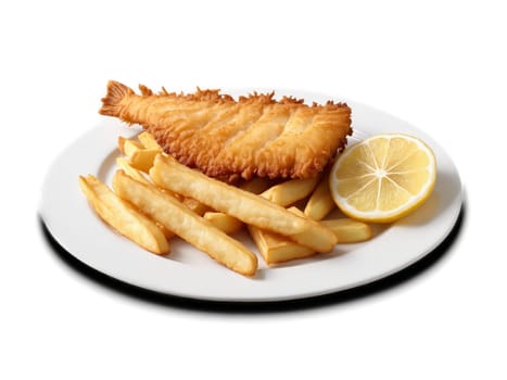 Fish and Chips Crispy fish and chips served with side of malt vinegar. Food isolated on transparent background.