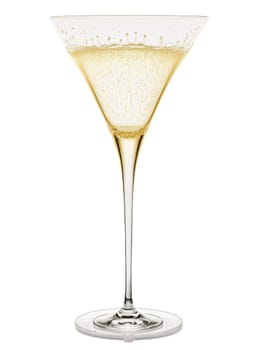 Spiegelau Style Sparkling Coupe, tall angular crystal saucer, effervescent pale gold champagne, splashing motion, high contrast, festive celebration mood, isolated on white.