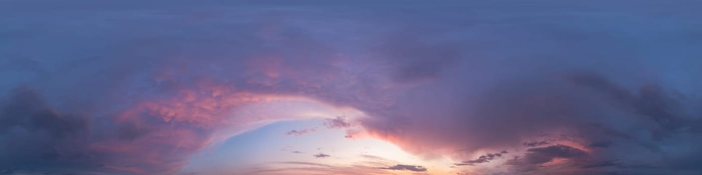 Bright sunset sky panorama with Cirrus clouds. Seamless hdr spherical equirectangular 360 panorama. Sky dome or zenith for 3D visualization, game and sky replacement for aerial drone 360 panoramas.