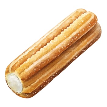 A freshly baked churro is showcased, golden brown, with a creamy filling, emphasizing its tempting texture and delightful appearance.