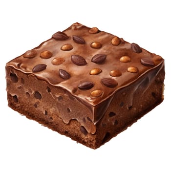 A rich chocolate brownie is topped with coffee beans, presenting a tempting treat in a warm cafe ambiance.