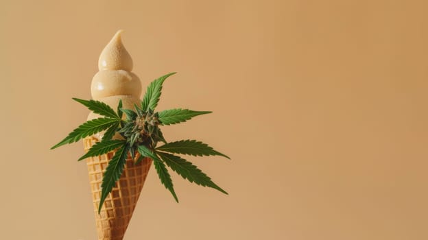 Ice cream cone with marijuana leaves on beige background, creative concept.