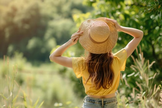 A woman in a yellow top and denim shorts stands outdoors, adjusting her straw hat while enjoying the warm sunshine and beautiful natural scenery around her.