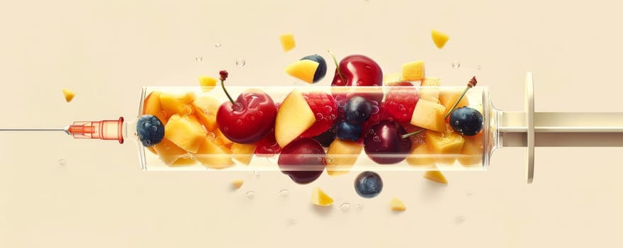 Syringe filled with assorted fruits on a light background, health and nutrition concept.