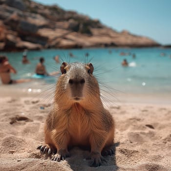 Cute capybara relaxing on a sunny summer beach with sandy shores and scenic wildlife