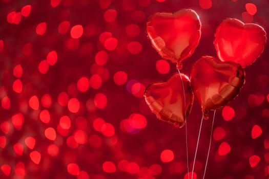Heart-shaped balloons with red shiny bokeh background, perfect for love and valentine celebrations