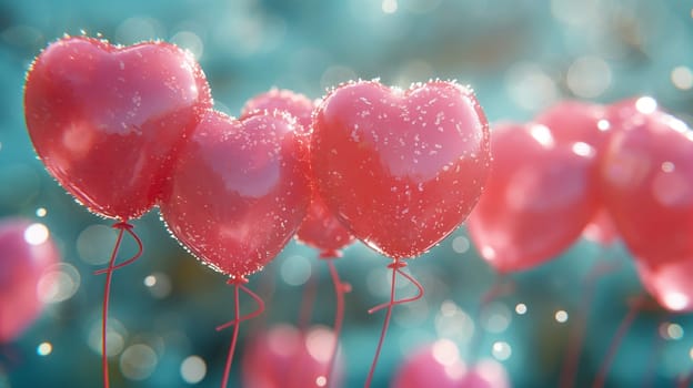 Red heart balloons with sparkle shine create a romantic valentine celebration with bokeh and love