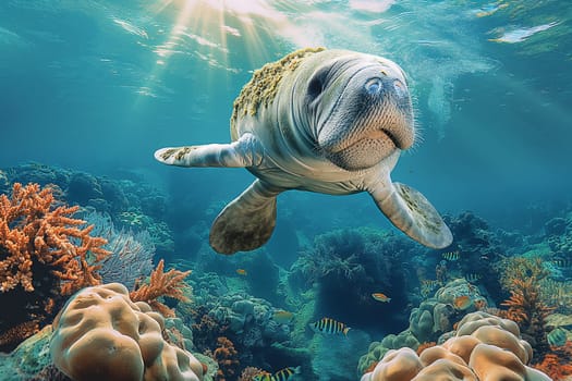 Manatee swimming in the ocean with coral and marine wildlife underwater in a beautiful blue sea